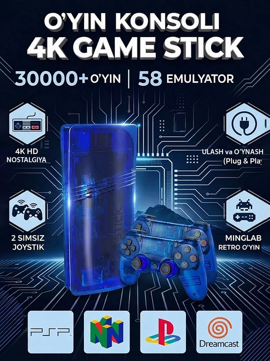 GS5 Mini 4K Game Stick – 30 000+ oʻyin, 58 emulyator, 4K HDR, 2 ta simsiz joystick