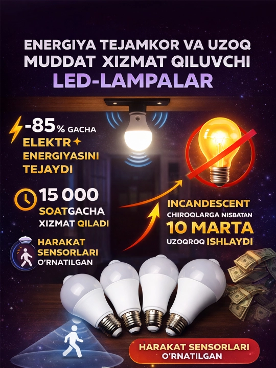Aqlli chiroq, harakat sensori yoritgichi, led tungichiroq, - 