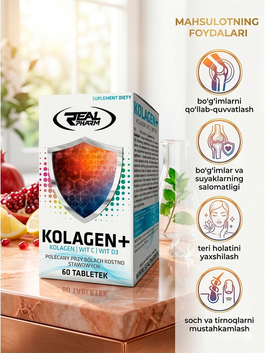 REAL PHARM Collagen+ Tabs - teri, soch va bo‘g‘imlar uchun tabletkalardagi kollagen - 