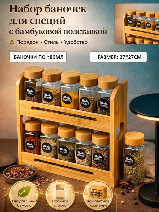 Бамбуковая полка-органайзер для специй , 10 баночек - 