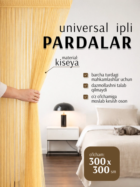 Ipdan to‘qilgan pardalar ugra, doka, rang-barang, o‘lchamlari 100 sm ga 200 sm, 300 sm ga 300 sm - 