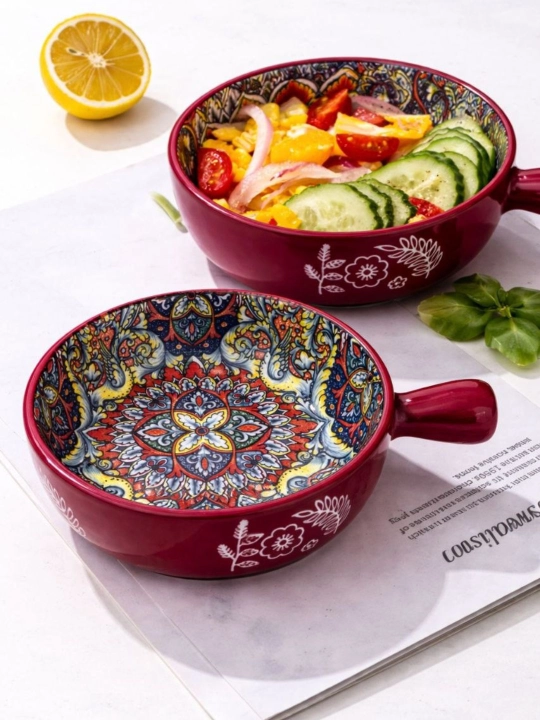 Керамическая салатная миска с узором и ручкой - 