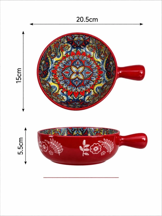 Керамическая салатная миска с узором и ручкой