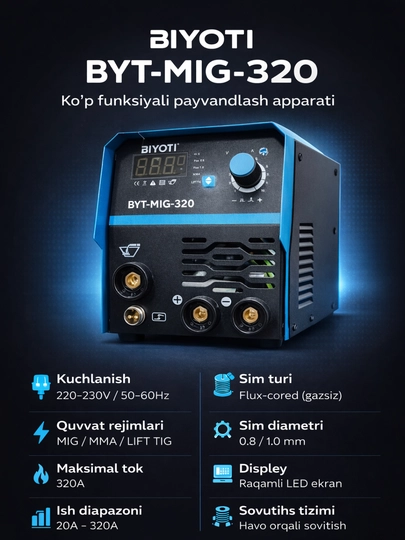 Payvandlash apparati BIYOTI BYT-MIG-320, 320A inverter svarka, MIG MMA TIG - 