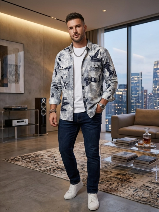 Erkaklar ko'ylagi, belga yopishgan, printli Slim Fit