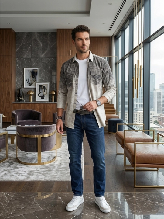 Erkaklar ko'ylagi, belga yopishgan, printli Slim Fit