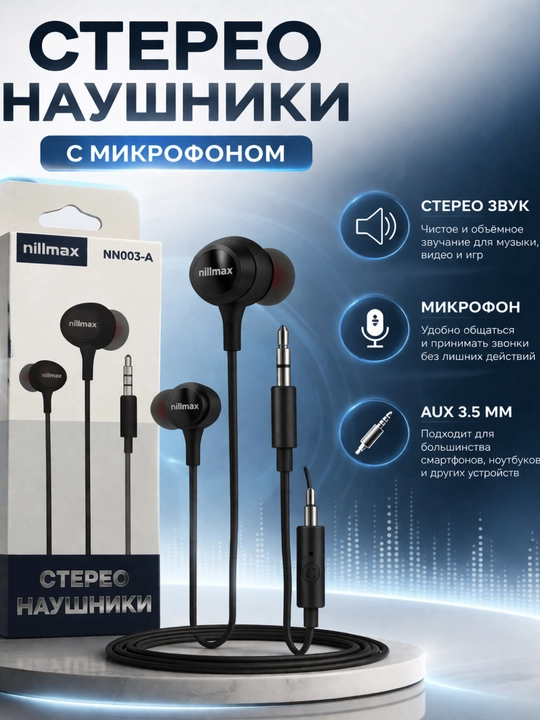 Проводные наушники Nilmax NN003-A с микрофоном, AUX (3.5 мм), стерео - 