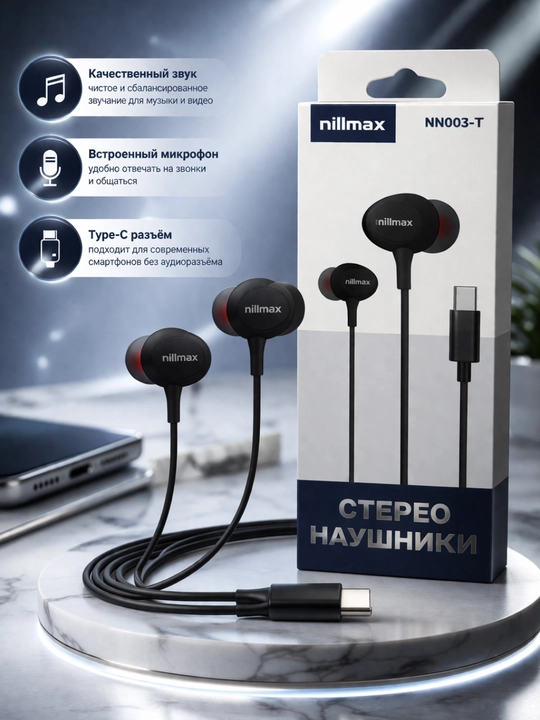 Проводные наушники Nilmax NN003-A с микрофоном, AUX (3.5 мм), стерео - 