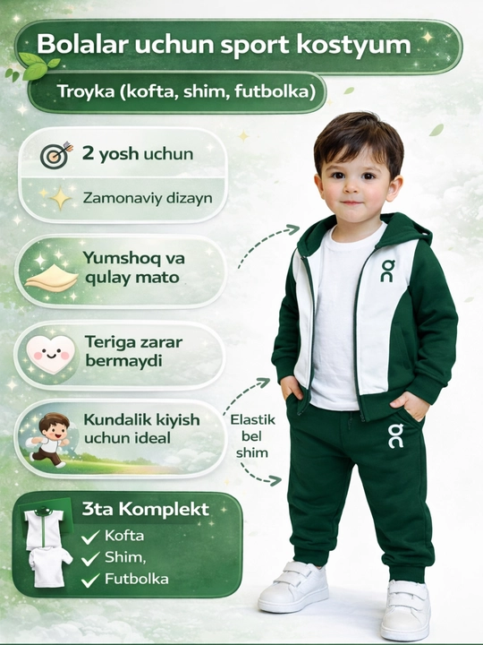 1 yoshli o‘g‘il bola uchun bolalar kostyumi, 3 ta buyumdan iborat to‘plam, qulay va yumshoq