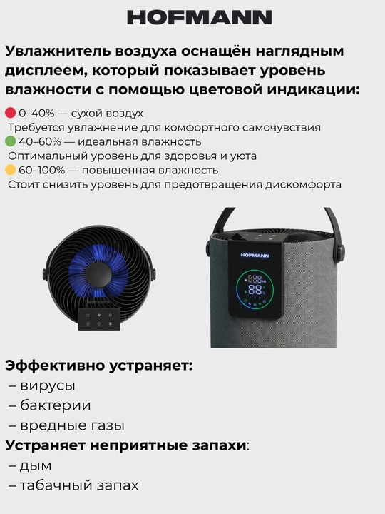 Очиститель и увлажнитель воздуха, 2 в1, HOFMANN, с HEPA-фильтром, 40-60 м², 1 год гарантии
