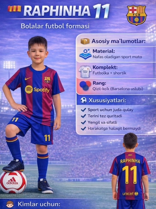 Bolalar uchun futbol forma Mbappe, Raphinha, Bellingham, Ronaldo - 
