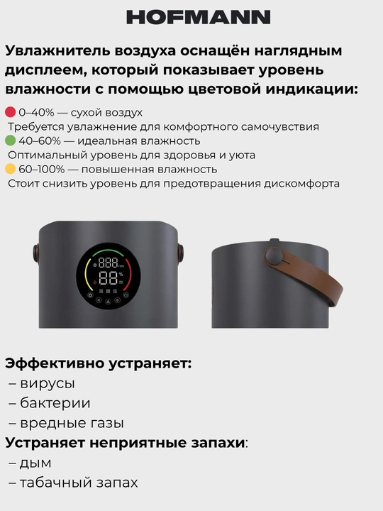 Очиститель и увлажнитель воздуха, 2 в1, HOFMANN, с HEPA-фильтром, 40-60 м², 1 год гарантии