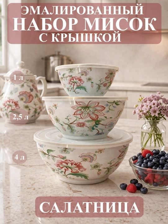Набор эмалированных салатников, мисок с крышками, 1, 2.5, 4 литра