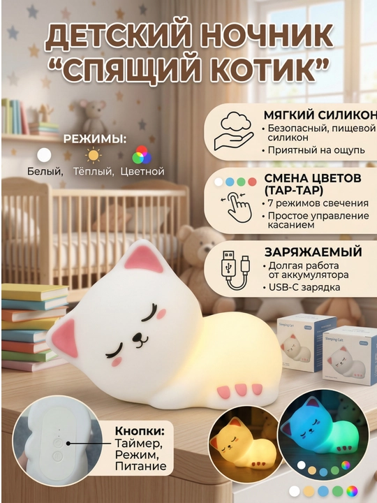 Bolalar uchun silikon tungi chiroq, LED, sensorli, rang o‘zgartiruvchi, USB Big Face Rabbit - 