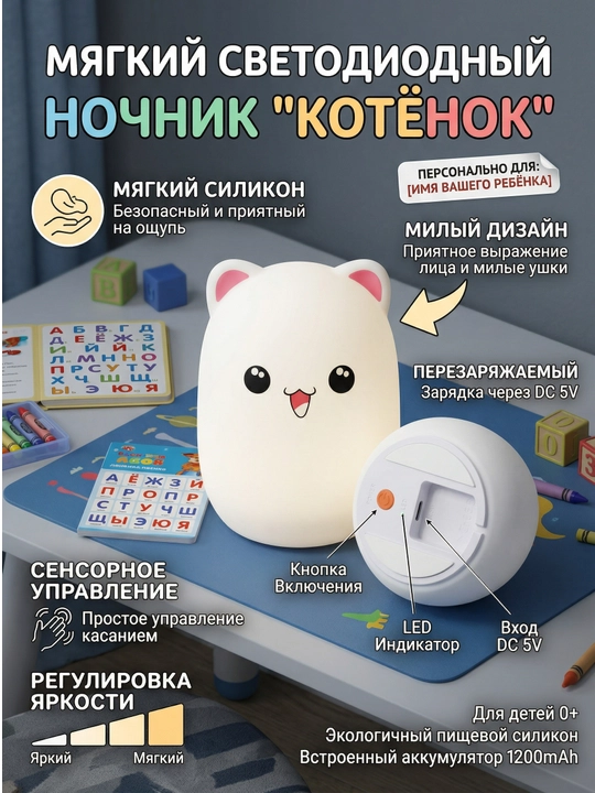 Bolalar uchun silikon tungi chiroq, LED, sensorli, rang o‘zgartiruvchi, USB Big Face Rabbit - 