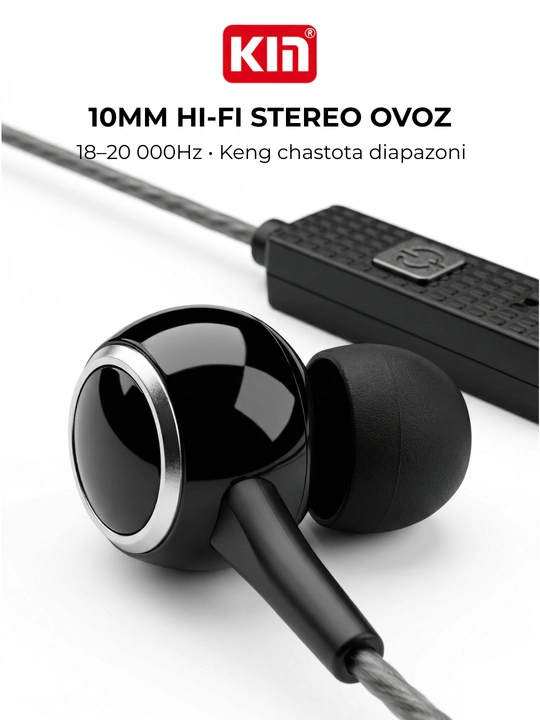 Simli quloqchin KIN K28, mikrofonli, 3.5mm jack, 10mm dinamik, 1.3m kabel