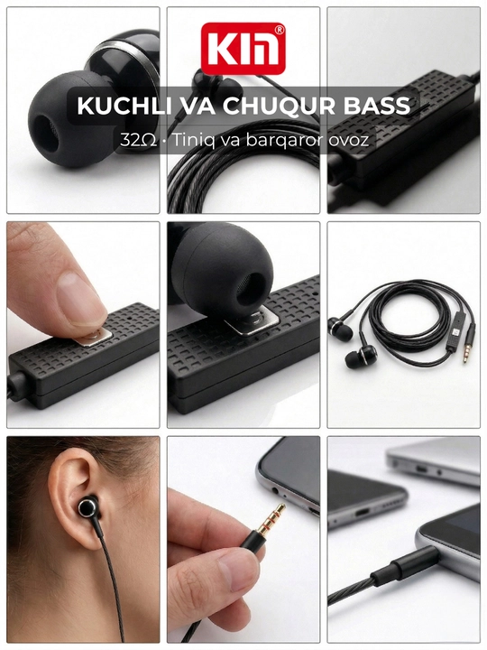 Simli quloqchin KIN K28, mikrofonli, 3.5mm jack, 10mm dinamik, 1.3m kabel