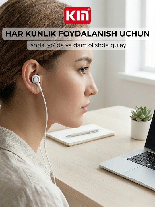 Simli quloqchin KIN K28, mikrofonli, 3.5mm jack, 10mm dinamik, 1.3m kabel