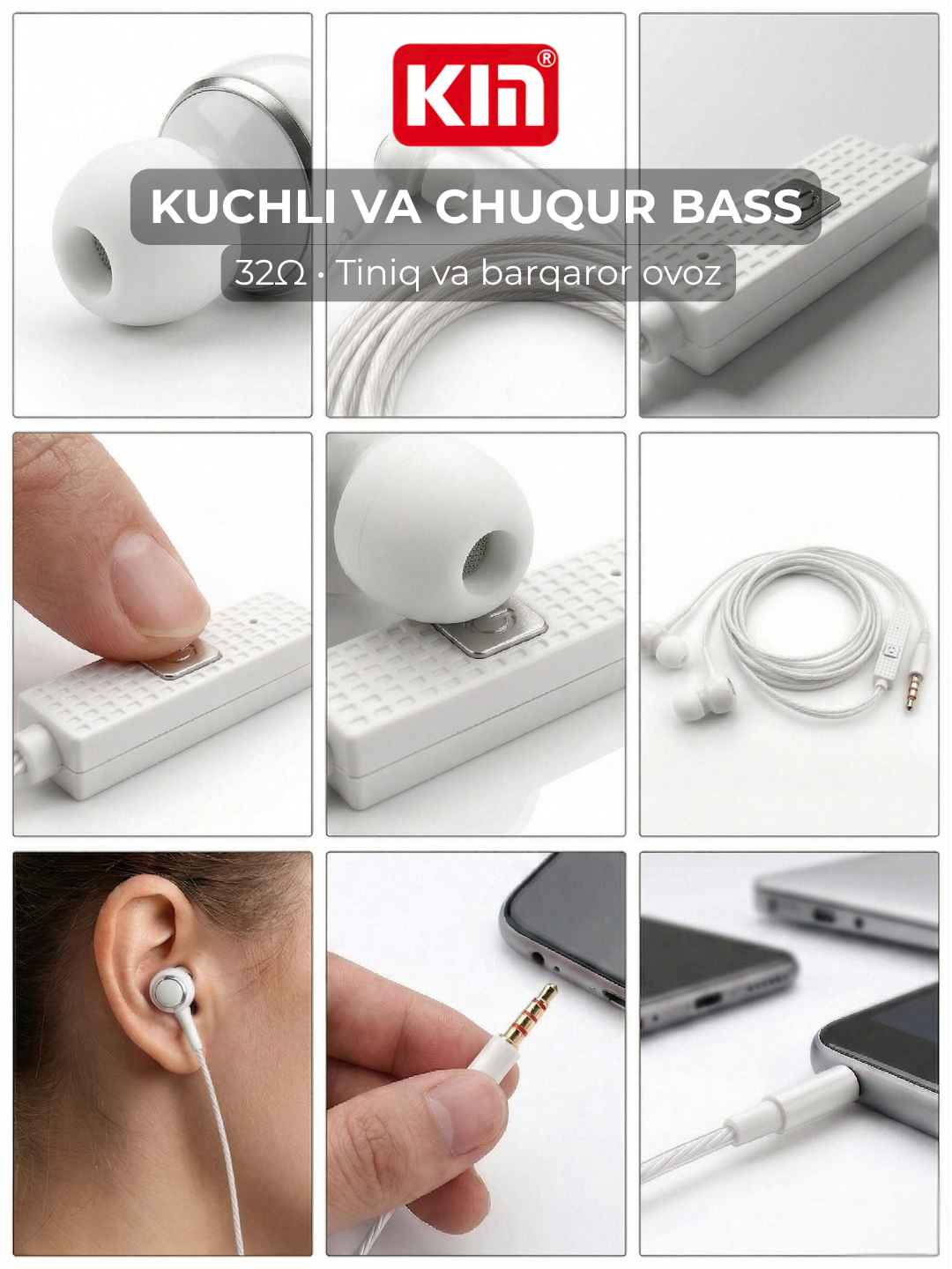 Simli quloqchin KIN K28, mikrofonli, 3.5mm jack, 10mm dinamik, 1.3m kabel