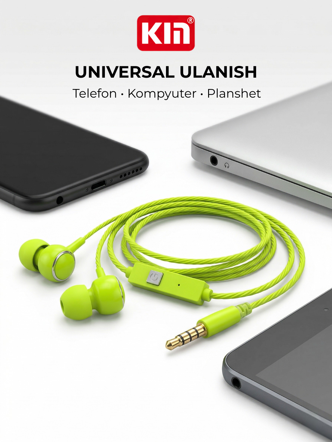 Simli quloqchin KIN K28, mikrofonli, 3.5mm jack, 10mm dinamik, 1.3m kabel