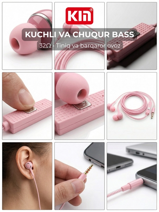 Simli quloqchin KIN K28, mikrofonli, 3.5mm jack, 10mm dinamik, 1.3m kabel
