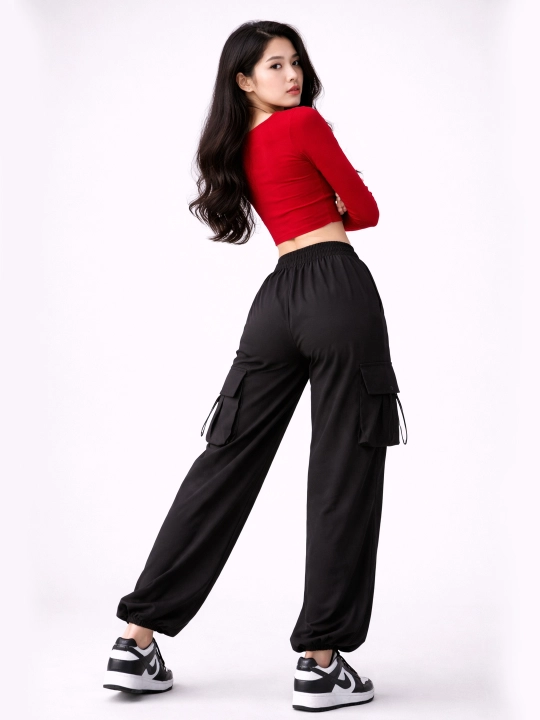 Ayollar cargo shim keng cho‘ntakli, jogger baland bel, erkin sport shim