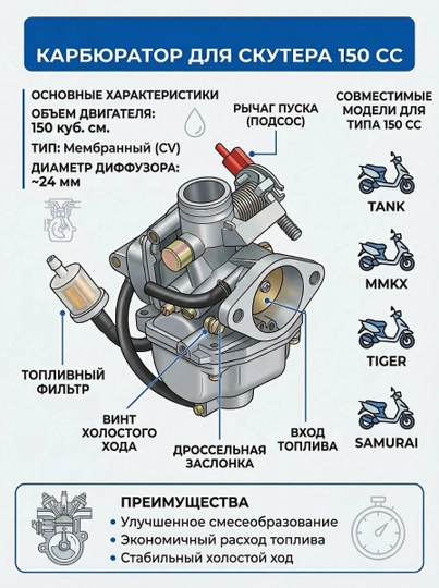 Карбюратор для скутеров 150 куб (Tank, MMKS, Tiger, Samurai)