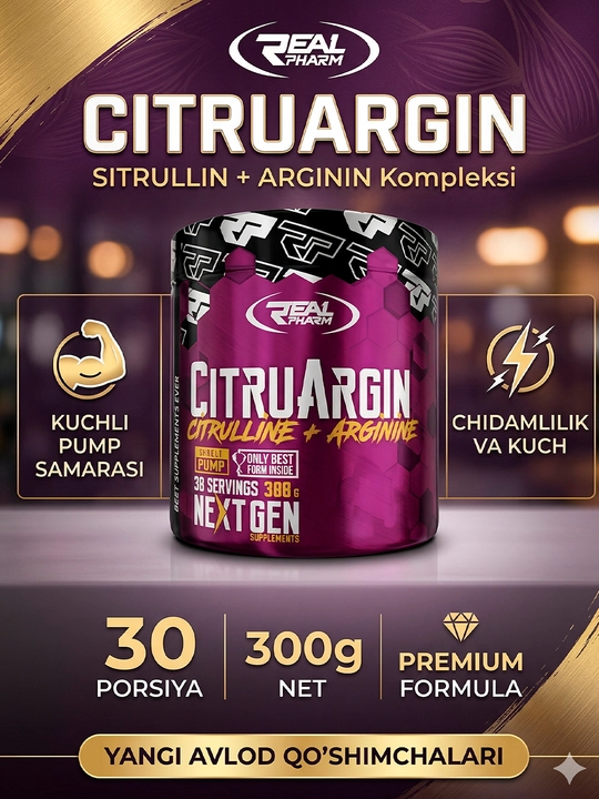 REAL PHARM Citruargin ta’mli - kuch, chidamlilik va mashg‘ulotlar uchun sitrullin - 