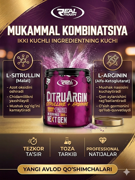 REAL PHARM Citruargin со вкусом — цитруллин для силы, выносливости и тренировок