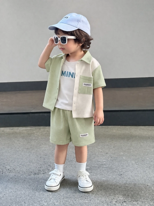 Bolalar kiyimlari uch qismli kiyim to‘plami, paxtali vafli mato, yozgi kiyim