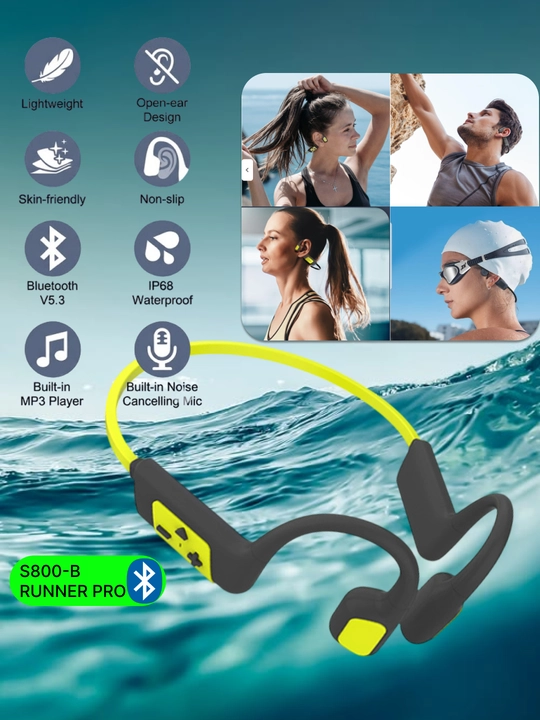 Suzish uchun Bluetooth suyakli sport quloqchinlari IP68, suv o‘tkazmaydigan quloqchinlar