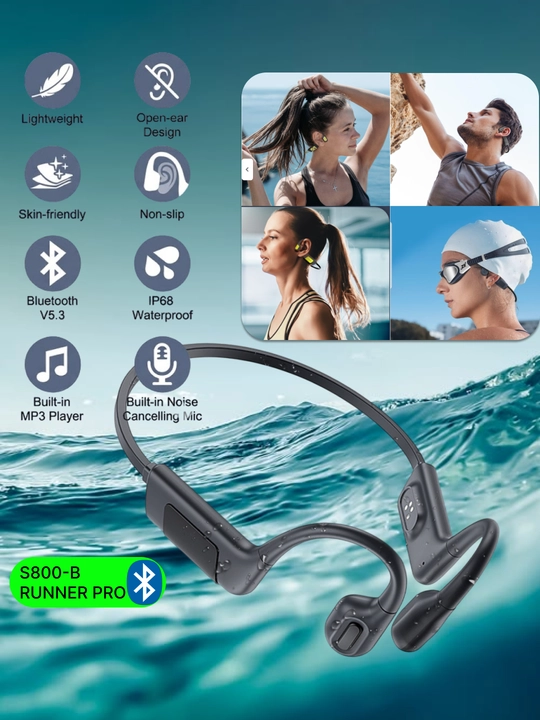 Suzish uchun Bluetooth suyakli sport quloqchinlari IP68, suv o‘tkazmaydigan quloqchinlar