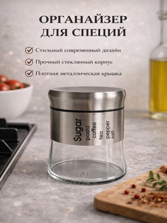 Органайзер для специй стеклянный с металлической крышкой, стильный контейнер - 