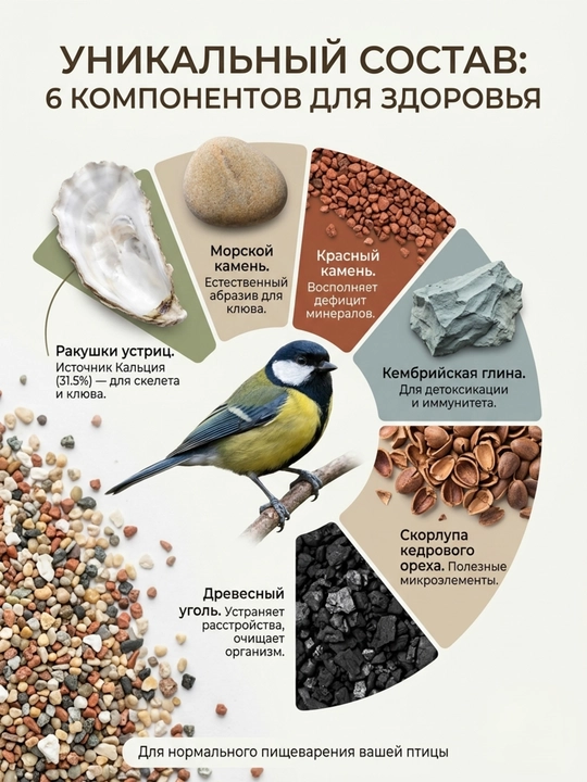 Минеральный песок для птиц, 3 в 1, с кусочками ракушек, 100 г