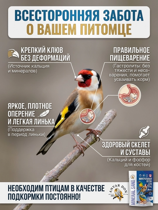 Минеральный песок для птиц, 3 в 1, с кусочками ракушек, 100 г