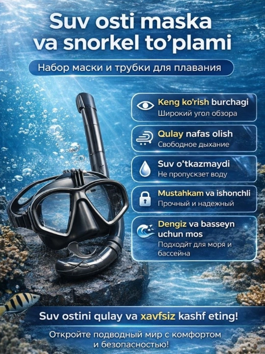 Snorkel Maska Full Face 360° panoramik, suv o‘tkazmaydi