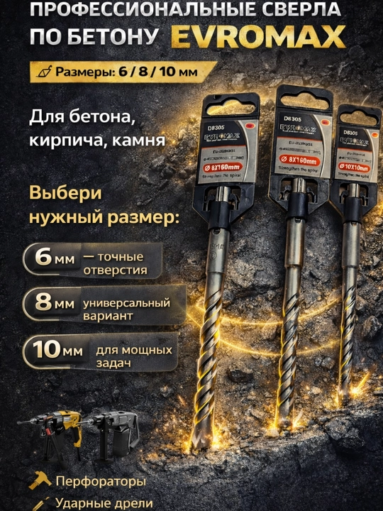 Профессиональные сверла по бетону EVROMAX 6 , 8 , 10 мм - 