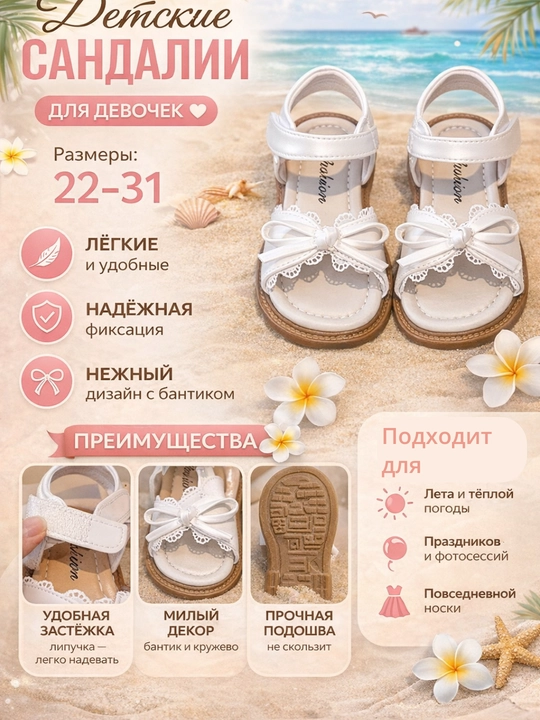 Детские сандалии для девочек с бантиком, летние, размеры 22–31, лёгкие и удобные