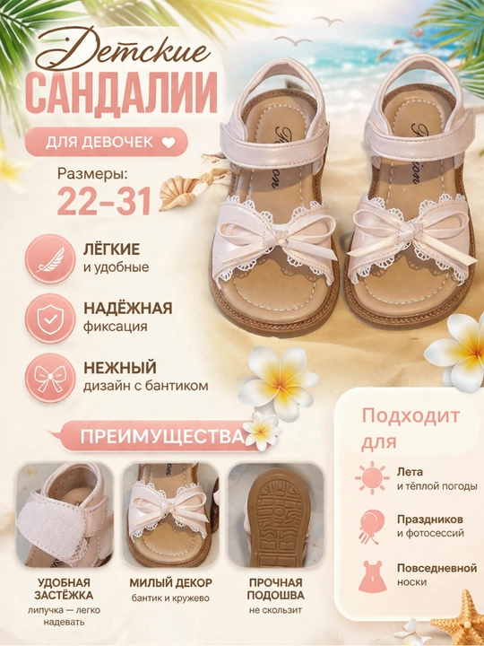 Детские сандалии для девочек с бантиком, летние, размеры 22–31, лёгкие и удобные