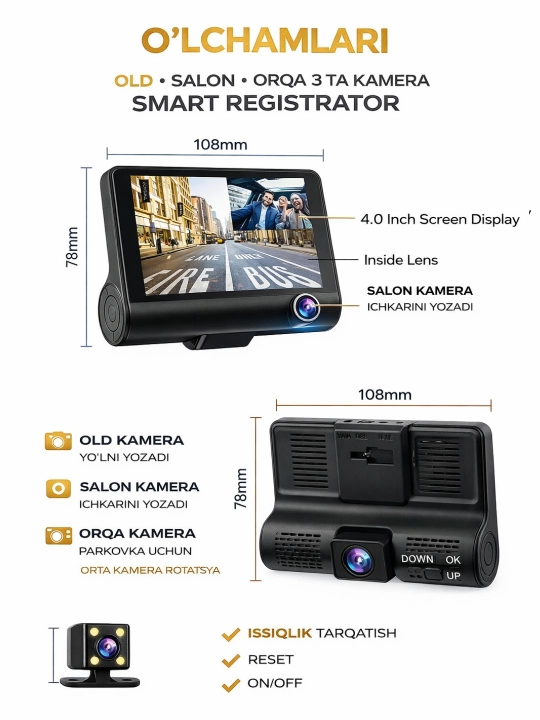 Avto WiFi videoregistratori, 3 va 4 kamera, salonni yozib olish va Full HD 1080p 2K ovoz