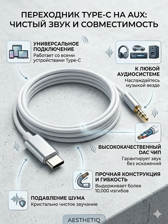Кабель Type-C AUX 3.5 мм аудио адаптер Hi-Fi звук универсальный - 