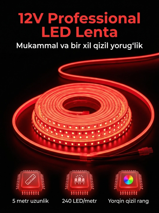 LED лента 12V 120/240 LED/м (5 метров) SMD 2835, цветная: красный, белый, синий, небесный - 