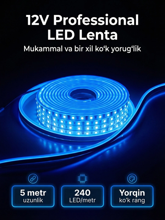 LED лента 12V 120/240 LED/м (5 метров) SMD 2835, цветная: красный, белый, синий, небесный - 