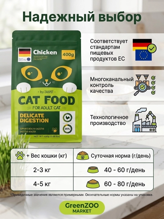Сухой корм для взрослых кошек ZABPET, рыбный микс, для деликатного пищеварения, 400 г