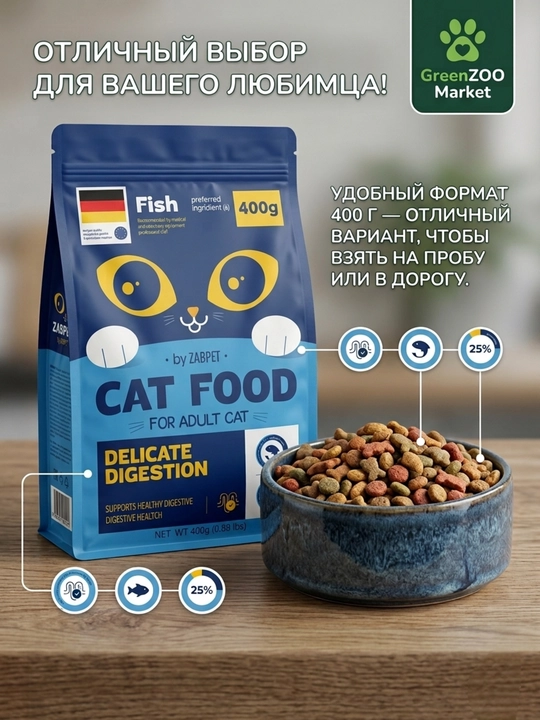 Сухой корм для взрослых кошек ZABPET, рыбный микс, для деликатного пищеварения, 400 г