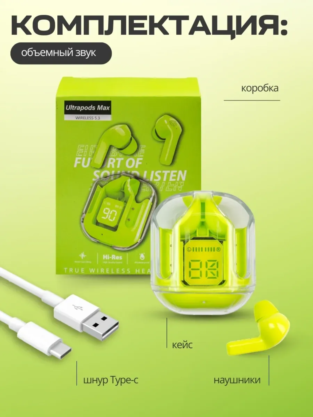 Simsiz Bluetooth naushnik LED displey, sensor boshqaruv, Type-C