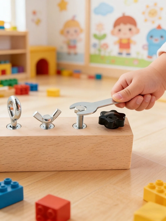 ”Yosh usta” Montessori rivojlantiruvchi yog‘och o‘yinchoq, Bolt va gaykali doska