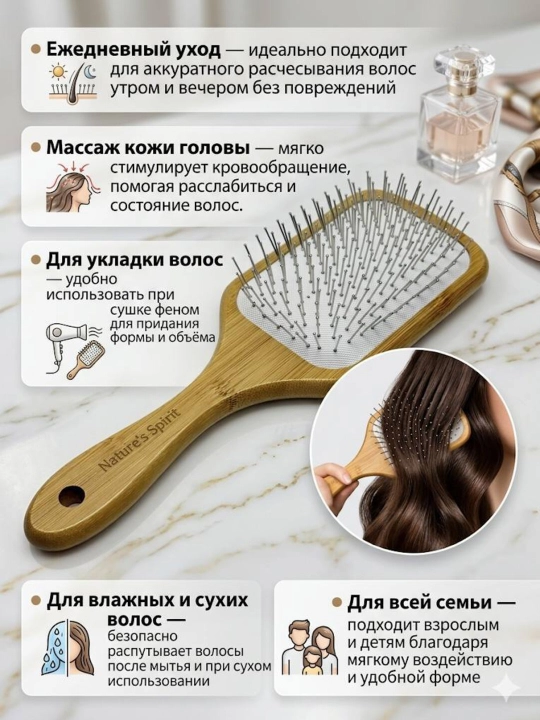 Расческа для ухода за волосами и массажа с металлическими, пластиковыми и деревянными зубьями