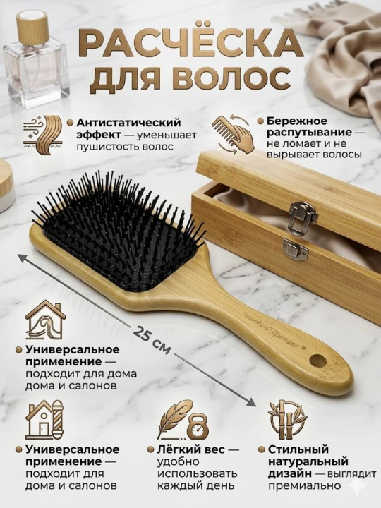 Расческа для ухода за волосами и массажа с металлическими, пластиковыми и деревянными зубьями