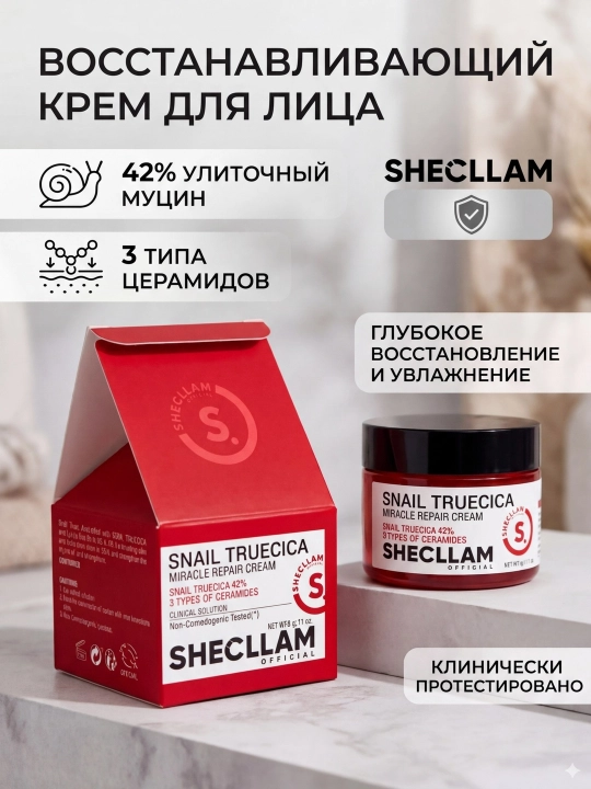 SHECLLAM Snail Truecica Miracle Repair Cream – Tiklovchi yuz kremi (60 g) - 